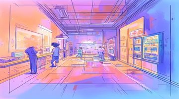 插画师创作过程展示，数位板上正在绘制的梦幻色彩插画，暖橙与紫蓝渐变背景，来自色界吧插画师专区